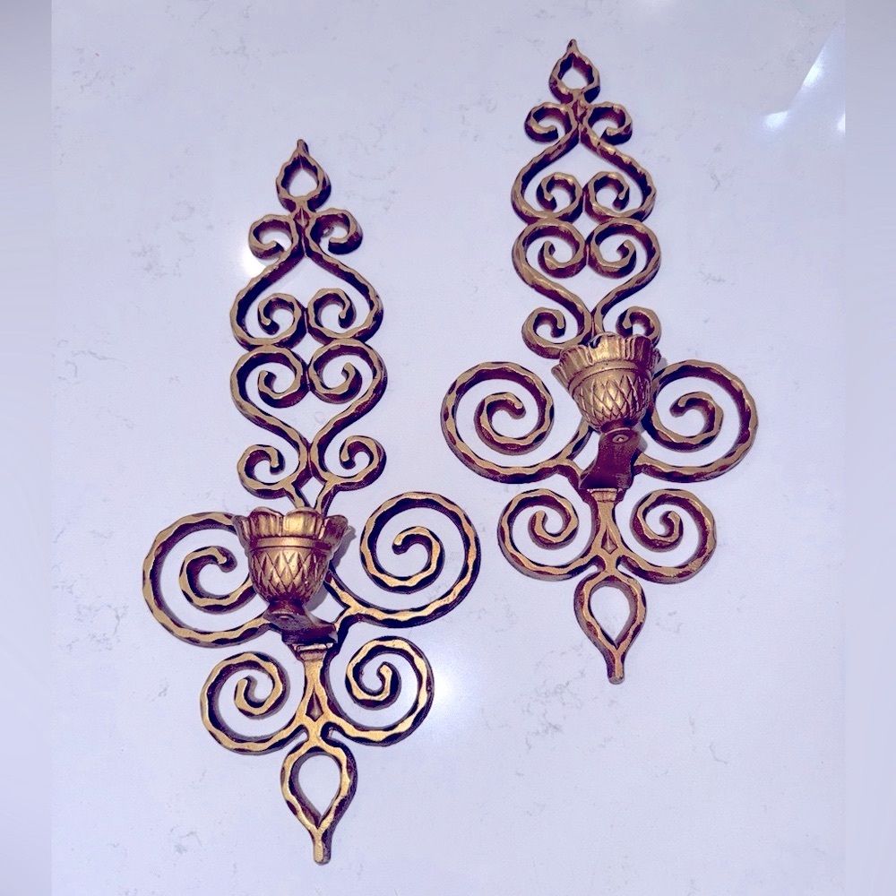 Vintage SEXTON Gold Metal Scallop WALL SCONCES Candles Set off 2